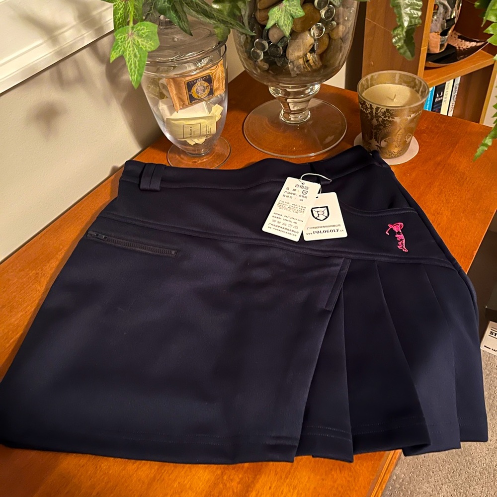Navy Blue Golf Skirt with Pink Logo